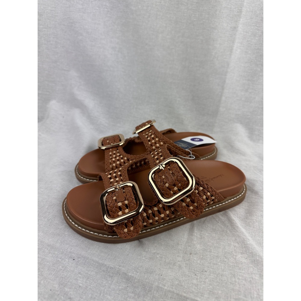 Universal Thread Women Alisa Woven Slide Sandals Cognac Brown Gold Buckle Size 6